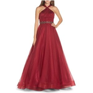 Mac Duggal Halter Neck Beaded Bodice Net Ball Gown